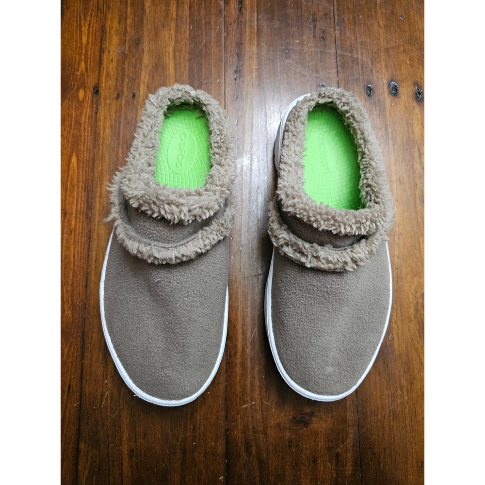 OOFOS OOmg OOfleece Low Recovery Shoes Taupe Brown Faux Fur Mule Womens 9 EU 40